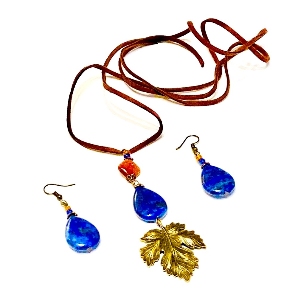 Bohemian LAPIS LAZULI Stone Earrings & Necklace w/ Sculpted Bronze Maple Leaf - Picture 12 of 14